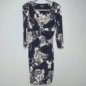 Lauren Ralph Lauren 3/4 Sleeve Faux Wrap Black Floral Print Jersey Dress size 4